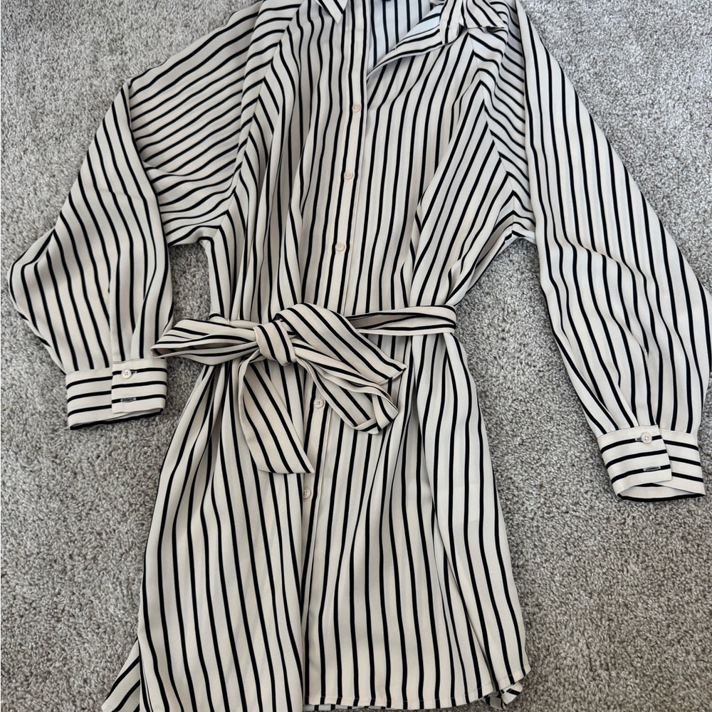 Express Black and White Striped Long-Sleeve Shirt Dress with Waist Tie